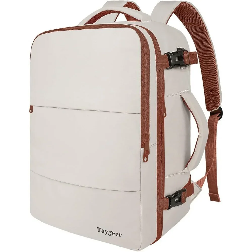 Travel Khaki White Backpack for Women Carry On Laptop Bag USB Port TSA Pouch